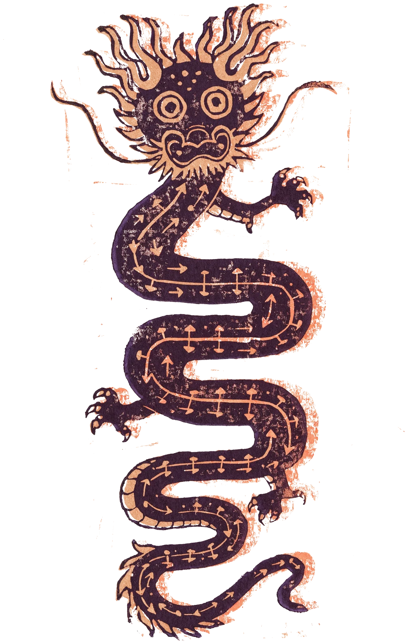 Woodblock print of an indigo folk dragon whose coiling body is threaded with data-flow arrows, a data pipeline drawn as folk ornament
