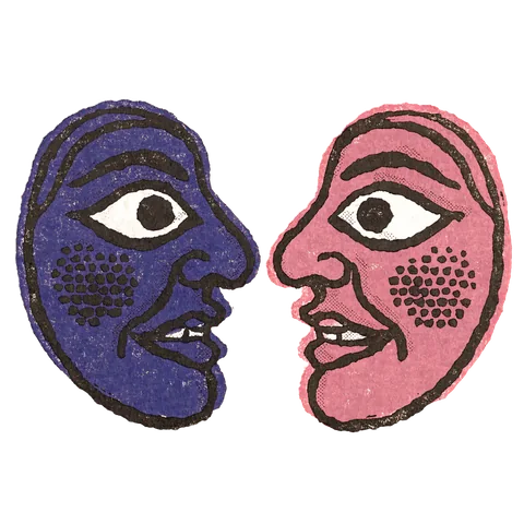 Woodblock print of two mirrored folk masks, one indigo, one rose