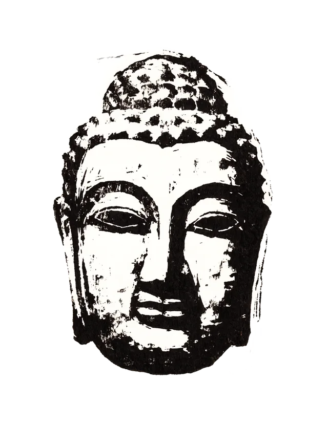 Woodblock print of a buddha head in sumi ink