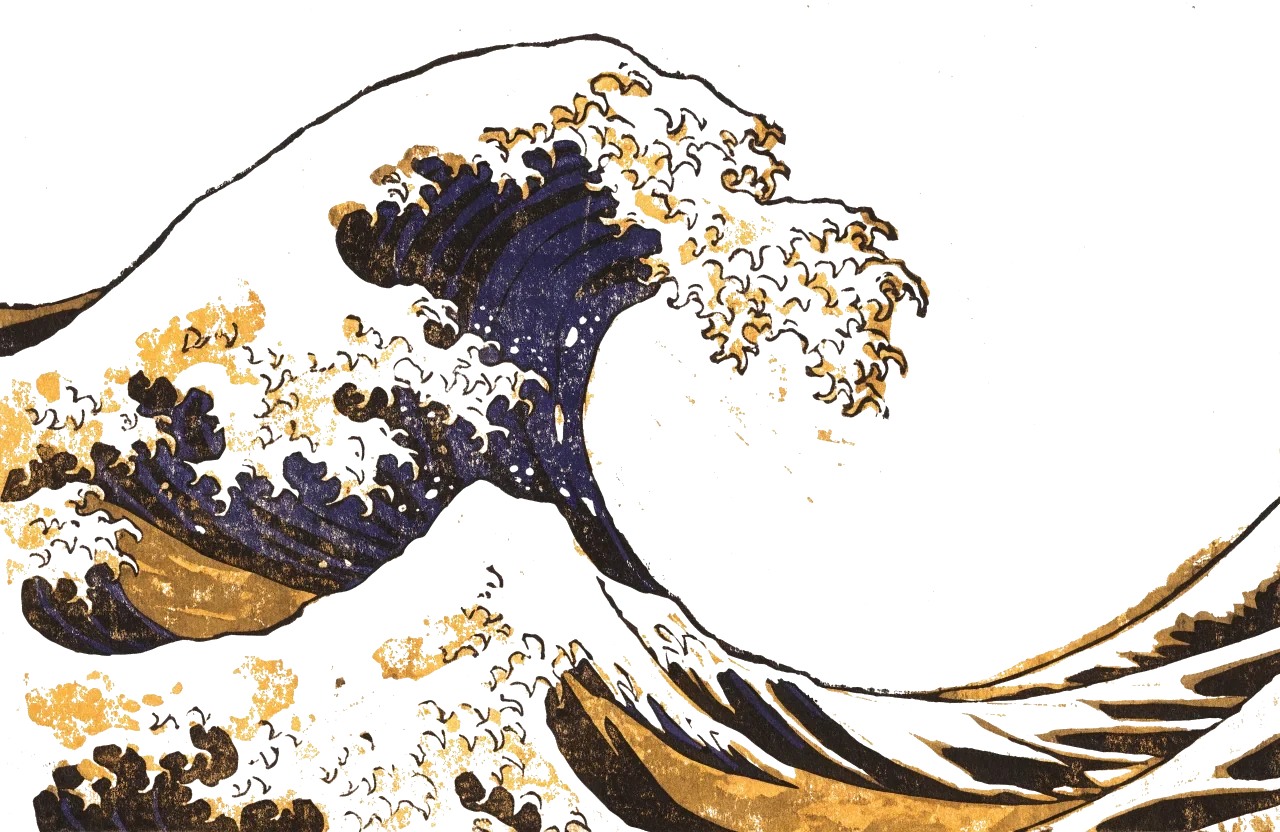 Woodblock print of a great cresting wave