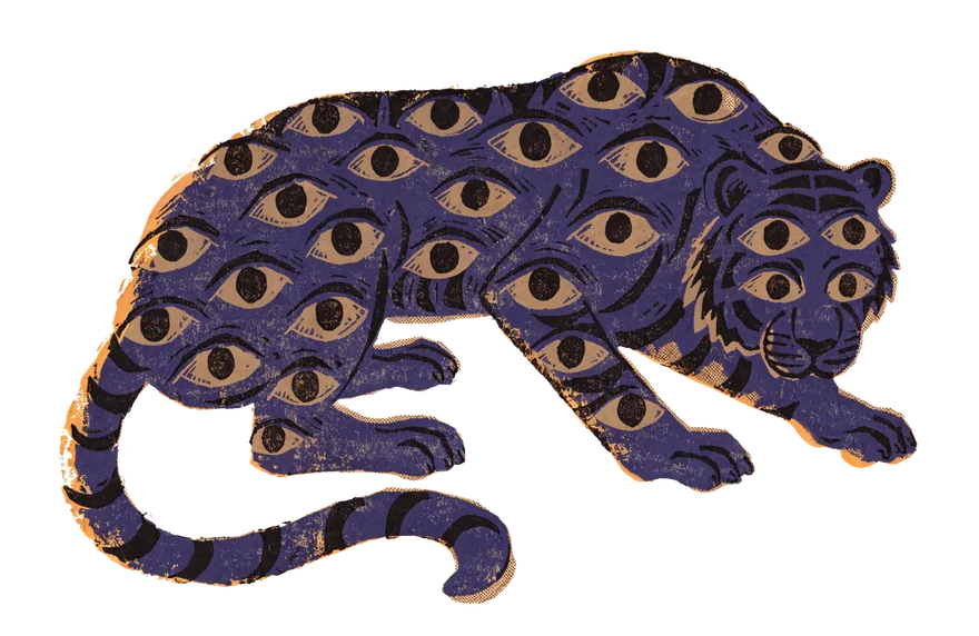 Woodblock print of an indigo folk tiger covered in watching eyes
